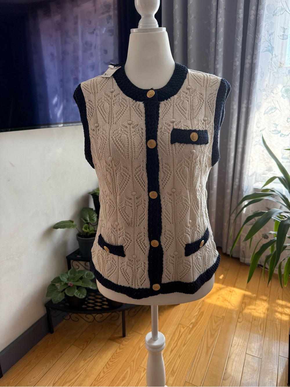 Zara Cream Knit Sleeveless Cardigan with Navy Trim and Gold Buttons